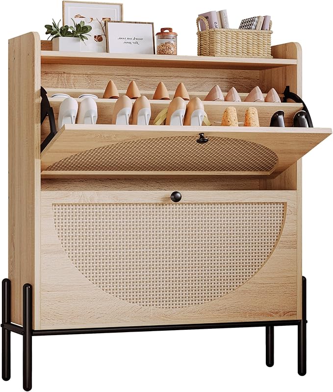 IRONCK Shoe Cabinet Storage with 2 Flip Drawers, Free Standing Wooden Shoe Storage Organizer Cabinet with Rattan Doors for Entryway, Narrow Shoe Rack Cabinet, Oak