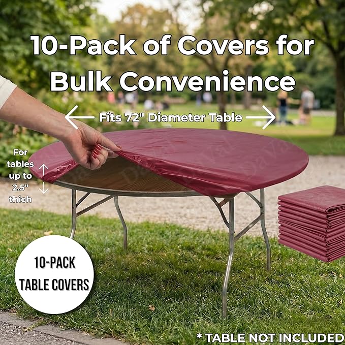 Kwik-Covers 10 Pack of Round Plastic Table Covers - 60" or 72" Round - Indoor or Outdoor Fitted Covers (Tables NOT Included) (Maroon, 72" Round)