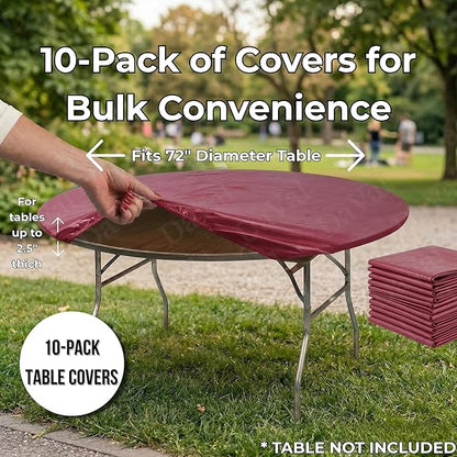 Kwik-Covers 10 Pack of Round Plastic Table Covers - 60" or 72" Round - Indoor or Outdoor Fitted Covers (Tables NOT Included) (Maroon, 72" Round)