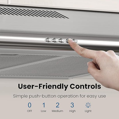 FIREGAS Under Cabinet Range Hood 36 inch with Ducted/Ductless Convertible, Slim Kitchen Vent Hood, LED Light, 3 Speed Exhaust Fan, Reusable Aluminum Filter, Push Button,Charcoal Filter
