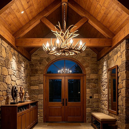 Rustic Antler Chandelier 9-Light, Farmhouse Deer Antler Chandelier Lighting, Retro Antler Light Fixtures for Living Room Dinning Room Kitchen Foyer Bar Store (9 lamp arms + 6arms)