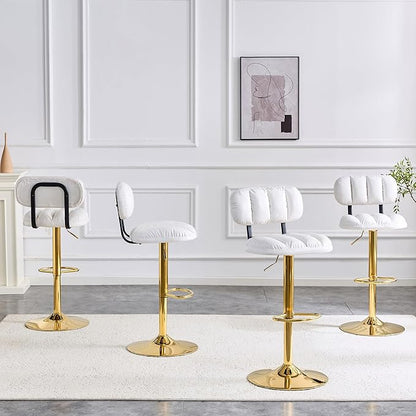 Set of 2 Adjustable Height Bar Stools, White PU Leather Upholstered Seating with Gold Metal Base Footrest, Stools for Kitchen Island, Home Bar, Living Room