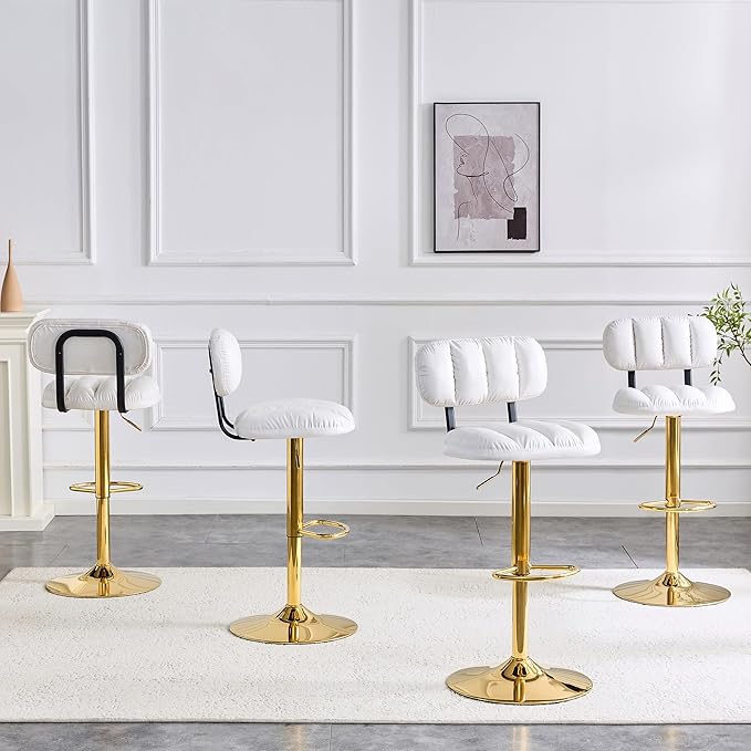 Set of 2 Adjustable Height Bar Stools, White PU Leather Upholstered Seating with Gold Metal Base Footrest, Stools for Kitchen Island, Home Bar, Living Room