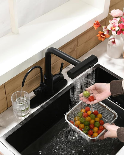 Fapully Pull-Down Kitchen Faucets, Matte Black 3 Way Kitchen Sink Faucet with Pull Down Sprayer and Drinking Water Faucet, Include Deck Plate for 1 or 3 Holes