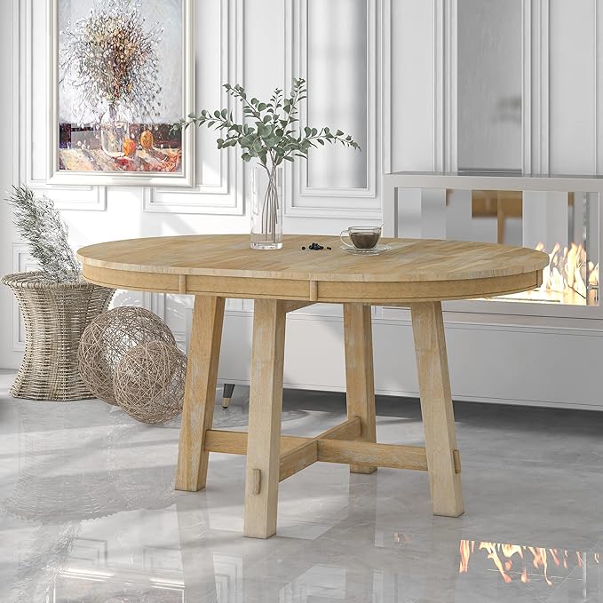 Ball & Cast Farmhouse Extendable Dining Table for 4-6, 42"-58" Extendable Kitchen-Table with a 16" Leaf, Round Ellipse Retro Wood Dining Room-Table w/Removable Leaves,Space Saving, Natural