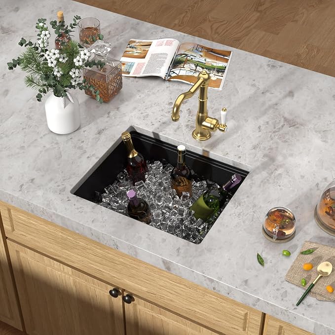 21 Inch Undermount Bar Sink Workstation - Matte Black Granite Composite Classic Quartz Single Bowl Wet Prep Sink for Small Space, Kitchen Bar, RV, Boat, and Outdoor #TLGU-129