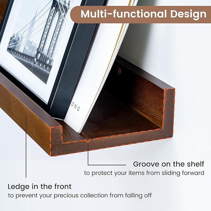 FLYJOE Picture Ledge Shelf, Floating Shelves Set of 2, Solid Pine Wood 55'' Long Large Nursery Book Shelves for Toys Storage, Kids Bookshelf for Living Room Bedroom Decor Books Photo Frames, Walnut