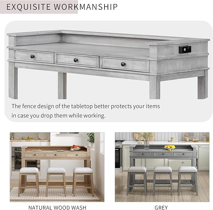 4-piece Dining Bar Table Set with 3 Upholstered Stools, Rubber Wood Counter Height Multifunctional Dining Table with 3 Drawers and USB Port, Side Table with Footrest Pub Kitchen Set (Grey-N2)