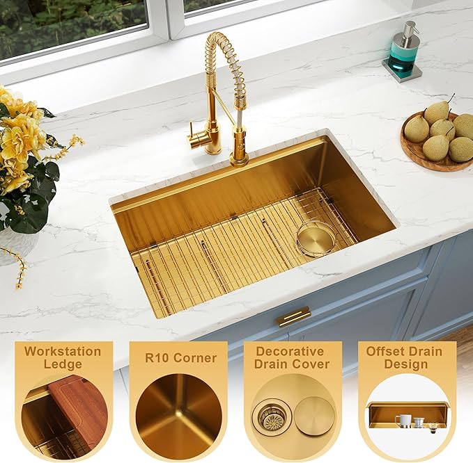 Gold Undermount Kitchen Sink 30 inch,Single Bowl Undermount Sink 16 gauge Stainless Steel,Workstation Kitchen Sinks with Gold Accessories (30" X 18")