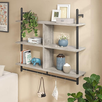 Bestier 41" Floating Kitchen Shelves Wall Mounted 3 Tier Coffee Bar Mug Shelf Hanging with 8 Hooks Display Plant Pipe Shelving for Living Room Kitchen Bathroom Balcony, Retro Grey