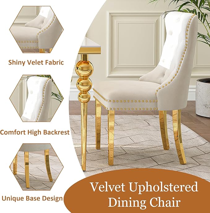 7 Piece Glass Dining Table Set, Modern 70 Inch Gold Rectangular Glass Kitchen Table, 6 Beige Exquisite Velvet Cushion Chairs for Living Room, Restaurant (White-Top)
