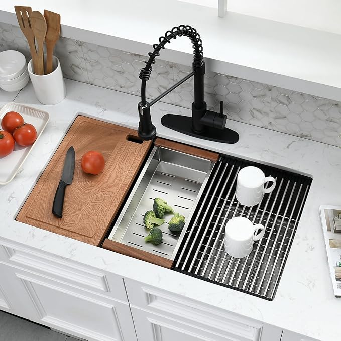 32 Inch Black Undermount Kitchen Sink with Faucet - 32x19 Black Stainless Steel Undermount Sink with Faucet Combo, 10 Inch Deep Single Bowl Workstation Sinks with Accessories