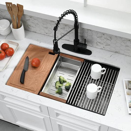 33x19 Inch Black Undermount Kitchen Sink with Faucet Combo - 33 inch Stainless Steel Single Bowl Kitchen Sinks 10 inch Deep Black Undermount Workstation Sink with Accessories