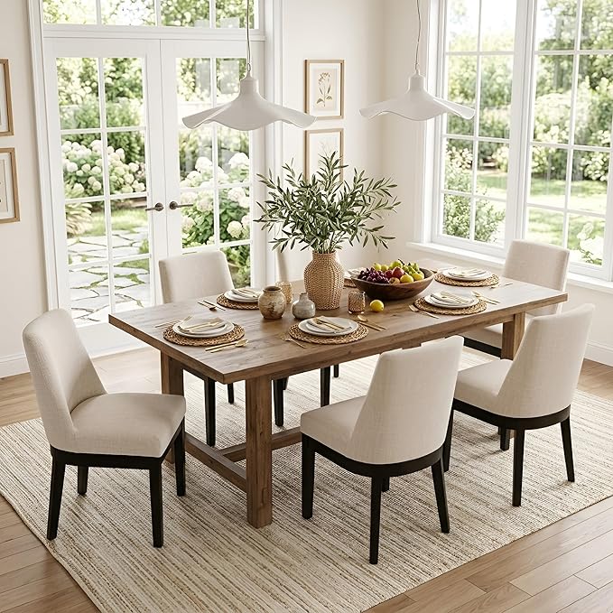 HNY Modern Dining Chairs Set of 4 with Comfortable Back Support, Farmhouse Soft Linen Upholstered Dining Room Chairs with Black Solid Wood Legs, Armless Kitchen Side Chairs for Living Room, Beige