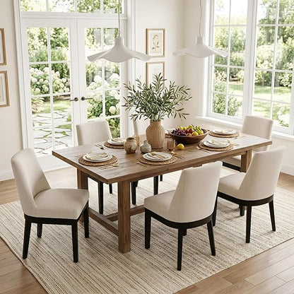 HNY Modern Dining Chairs Set of 4 with Comfortable Back Support, Farmhouse Soft Linen Upholstered Dining Room Chairs with Black Solid Wood Legs, Armless Kitchen Side Chairs for Living Room, Beige
