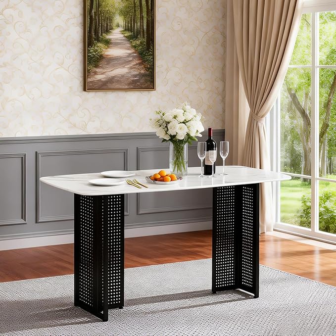 51" White Marble Dining Table, 4-6 Person Modern Kitchen Dining Room Tables with Marble Pattern Tempered Glass Top and Black Hollow-Out Metal Base, Space Saving Rectangle Dinner Table for Home