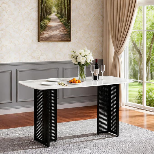 51" White Marble Dining Table, 4-6 Person Modern Kitchen Dining Room Tables with Marble Pattern Tempered Glass Top and Black Hollow-Out Metal Base, Space Saving Rectangle Dinner Table for Home