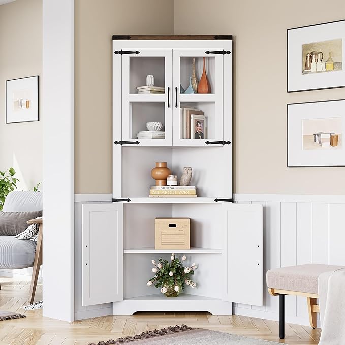 GAOMON Farmhouse Corner Cabinet, Tall Corner Storage with Glass Door & Adjustable Shelves, Bathroom Cabinet with Storage for Living Room, Kitchen, Bathroom, White
