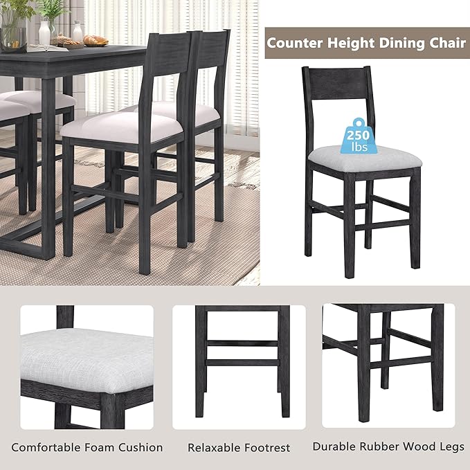 VilroCaz Farmhouse Counter Height Dining Table Set for 4, Wooden 5-Piece Kitchen Dining Room Pub Bar Table Set, 47'' Rectangular Dining Table and 4 Upholstered Stools for Small Places (Gray-H)