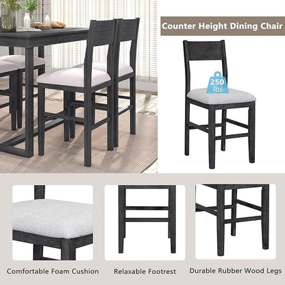 VilroCaz Farmhouse Counter Height Dining Table Set for 4, Wooden 5-Piece Kitchen Dining Room Pub Bar Table Set, 47'' Rectangular Dining Table and 4 Upholstered Stools for Small Places (Gray-H)