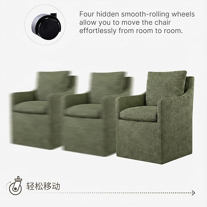 KISLOT Upholstered Dining Chairs with Casters, No Assembly Modern Accent Armchair with Rollers for Dining Room, Bedroom, Living Room, Reading Room, Already Assembled, Green, 2 Box