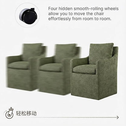 KISLOT Upholstered Dining Chairs with Casters, No Assembly Modern Accent Armchair with Rollers for Dining Room, Bedroom, Living Room, Reading Room, Already Assembled, Green, 2 Box