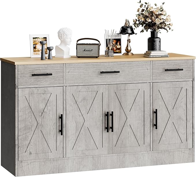SUNLEI Kitchen Buffet Sideboard Cabinet, Wooden Storage with 4 Doors and 3 Drawers, Adjustable Shelf, Modern Farmhouse Coffee Bar Cabinet with Storage for Kitchen/Laundry/Living Room, Grey