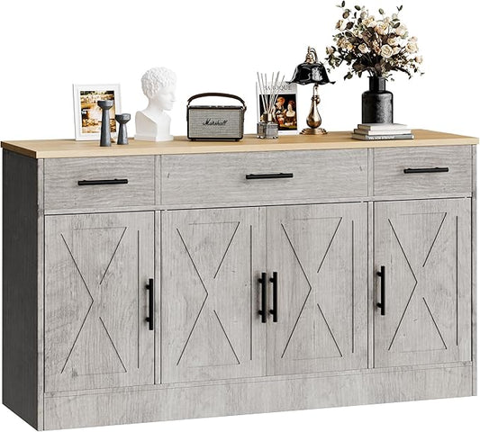 SUNLEI Kitchen Buffet Sideboard Cabinet, Wooden Storage with 4 Doors and 3 Drawers, Adjustable Shelf, Modern Farmhouse Coffee Bar Cabinet with Storage for Kitchen/Laundry/Living Room, Grey