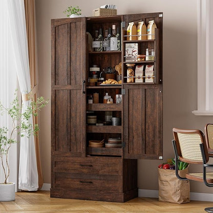 ONBRILL 71" Tall Farmhouse Kitchen Pantry Cabinet with 3 Pull Out Shelves & 2 Large Drawers, Pantry Storage Cabinet with 6 Door Shelf & Adjustable Shelf, Freestanding Cupboard for Kitchen, Dining Room