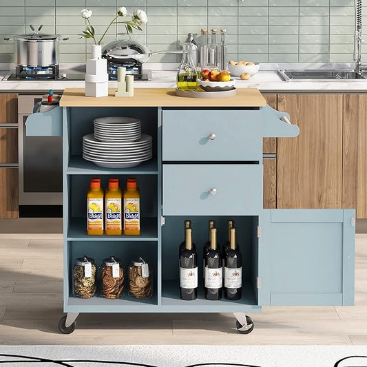 Fashion Store Kitchen Island Cart with Rubber Wood Top and 2 Drawers,4 Wheels and 3 Open Shelves,for Kitchen,Dining Room,Bathroom,Living Room (Grey Blue@E)