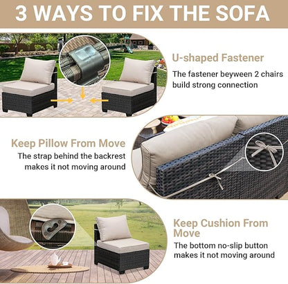 Jing's Villa 5-Piece Patio Furniture Set, All-Weather Outdoor Wicker Sectional Sofa with Cushions, Tempered Glass Table & Ottoman, Rattan Conversation Seating for Porch, Garden, Backyard,Beige