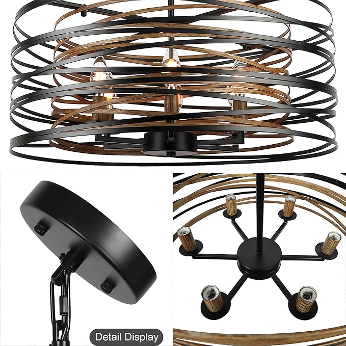 Sigaitwei 6-Light Dining Room Chandeliers Farmhouse，23.6" Large Black Farmhouse Chandelier，Wood Grain and Vintage Black Dining Room Light Fixture for Kitchen Entryway Living Room