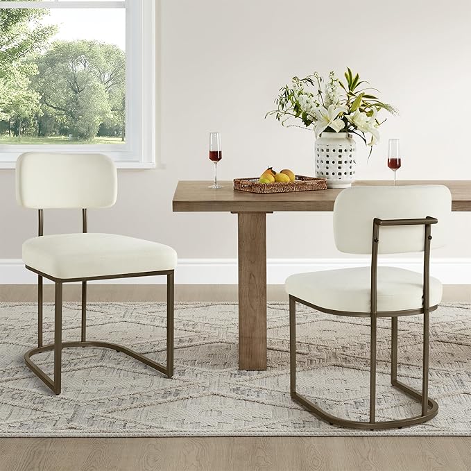 KISLOT Dining Chairs Set of 4, Upholstered Modern Kitchen Chairs with Ergonomic Backrest, Fabric Cushion Seat & Wire Drawing Metal Legs for Living Room, Restaurant, and Café, White, 2Boxs