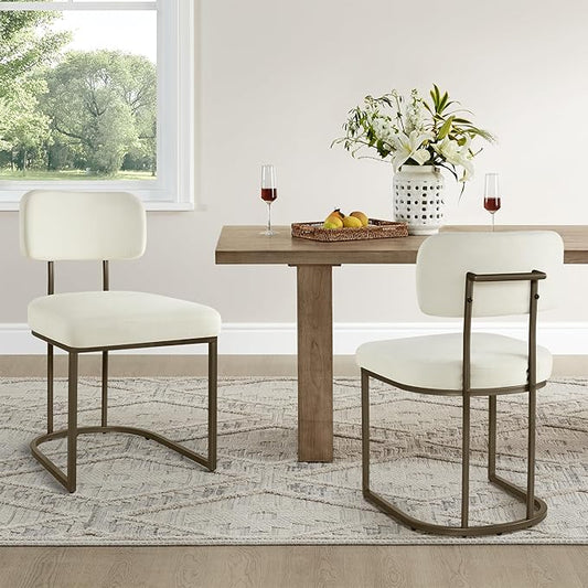 KISLOT Dining Chairs Set of 2, Upholstered Modern Kitchen Chairs with Ergonomic Backrest, Fabric Cushion Seat & Wire Drawing Metal Legs for Living Room, Restaurant, and Café, White