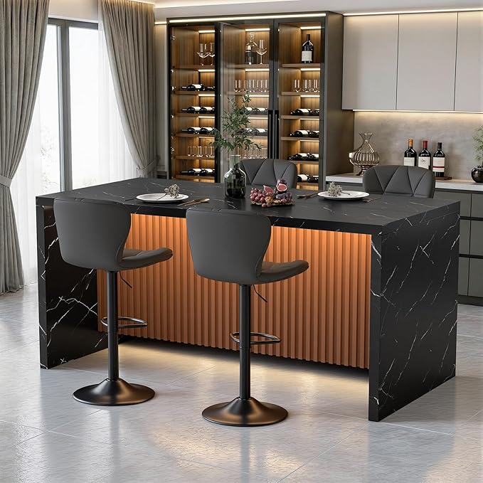 67" Kitchen Island Table Set with 4 Bar Stools, Faux Marble Top Island Table, Counter Height Dining Table Set for Kitchen & Dining Room