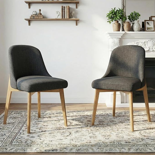 Casaphoria Set of 2 Upholstered Dining Chairs, Dark Grey Fabric Kitchen Chairs with Oak Wood Legs, Modern Accent Chairs for Dining Room, Living Room or Kitchen