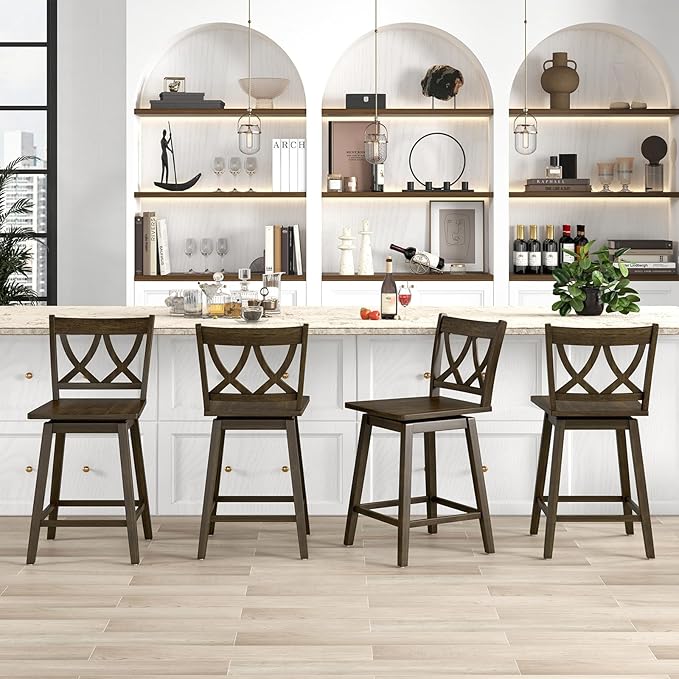 Giantex 24" Bar Stools Set of 2, Swivel Wooden Bar Chairs with Rubber Wood Frame, Footrest & Ergonomic Backrest, Counter Height Barstools for Kitchen Island, Restaurant & Pub, Dark Grey