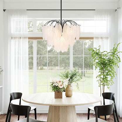 LumFurn 6-Light Glass Chandeliers, Modern 3-Tier Pendant Light Fixture for Dining Room, Living Room, D17.7 x H19~51 Inch Adjustable Height, Frosted Feather-Shaped Glass Shade & Black Finish Frame