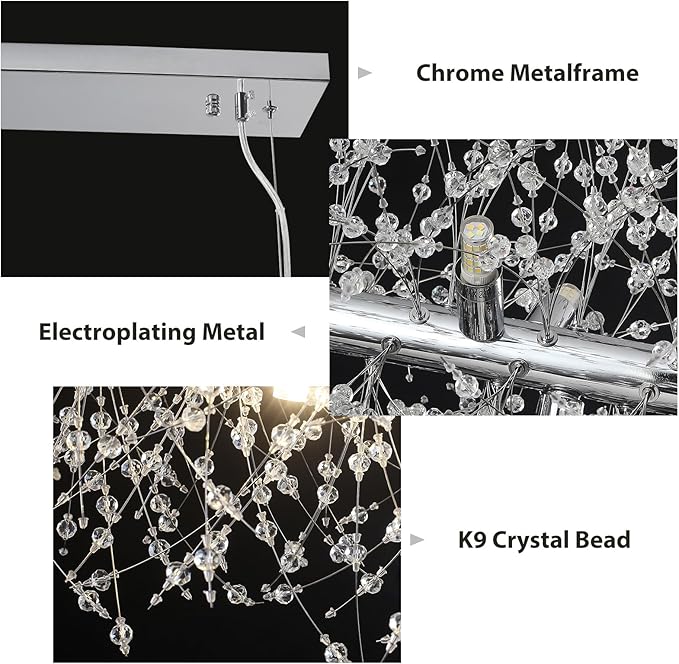 Modern Crystal Chandeliers Firework, 9-Light Chrome Rectangle Linear Dandelion Dining Room Chandelier, Mid Century Sputnik Firework Ceiling Light Fixture for Living Room Kitchen Island Store (L 28.8")