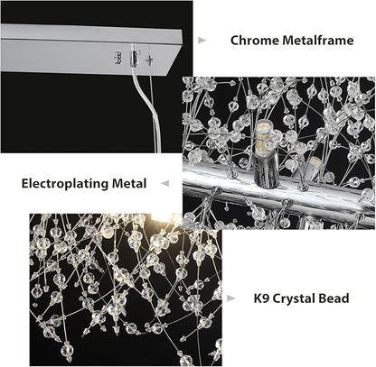 Modern Crystal Chandeliers Firework, 9-Light Chrome Rectangle Linear Dandelion Dining Room Chandelier, Mid Century Sputnik Firework Ceiling Light Fixture for Living Room Kitchen Island Store (L 28.8")