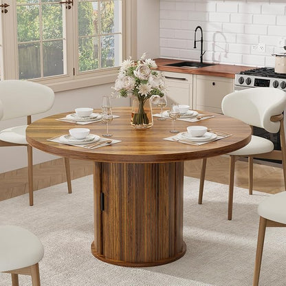 IDEALHOUSE 47" Round Dining Table for 4-6, Modern Farmhouse Kitchen Table with 2-Layer Storage Shelf & Drawer, Wooden Circle Dining Tables with Fluted Pedestal Base, Walnut
