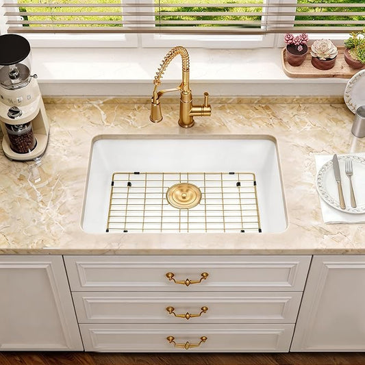 Kitsitchen 23 Inch White Undermount Kitchen Sink, Small Granite Composite Kitchen Sink, 23" x 18" Quartz Stone Kitchen Sink with Drain Assembly & Bottom Gird