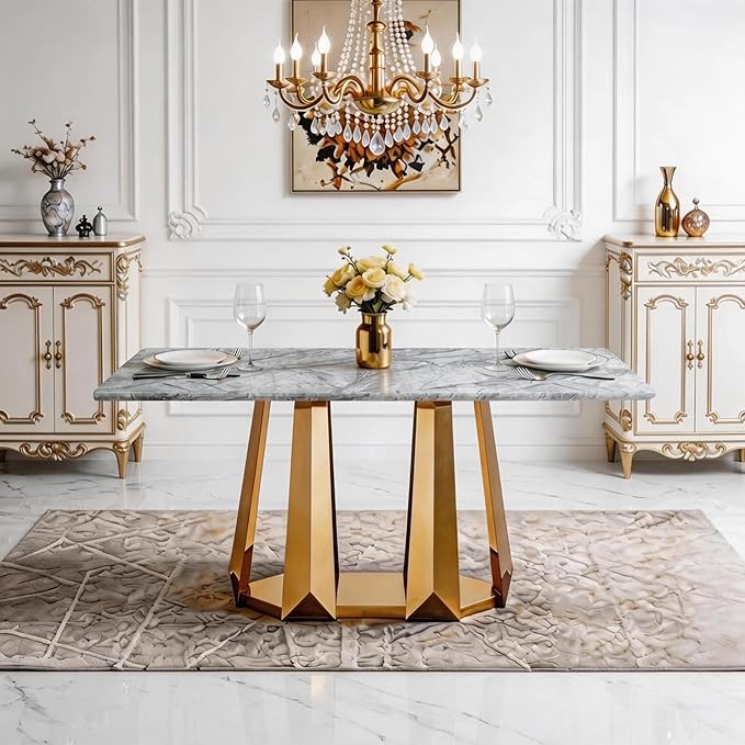 70" Marble Dining Table for 6-8, Modern Luxury Gold Rectangular Large Kitchen Table, Marble Grain MDF Tabletop & Stainless Steel Base, Dinner Furniture for Kitchen Dining Room, Meeting Room, Grey