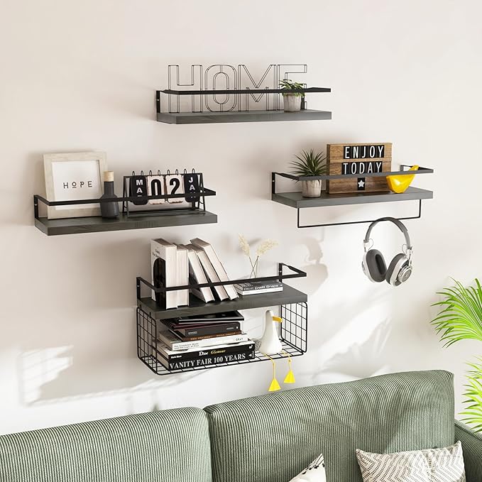 Black Wood Floating Shelves Wall Mounted - 3+1 Tier Rustic Bathroom Wall Shelves Over Toilet with Wire Storage Basket and Towel Bar, set of 4 Farmhouse Floating Shelf for Bathroom, Kitchen, Bedroom.