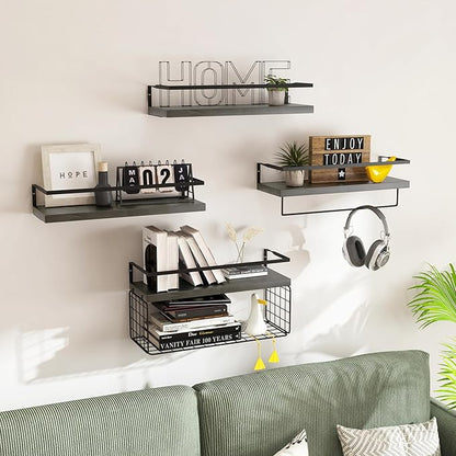 Black Wood Floating Shelves Wall Mounted - 3+1 Tier Rustic Bathroom Wall Shelves Over Toilet with Wire Storage Basket and Towel Bar, set of 4 Farmhouse Floating Shelf for Bathroom, Kitchen, Bedroom.