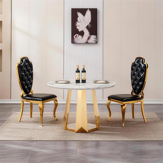 47" Round Marble Dining Table for 4-6, Luxury Modern Kitchen Table with Marble Grain MDF Tabletop & Gold Mirrored Stainless Steel Pedestal Base, Grey Stone Dinner Table for Dining Room (Table Only)