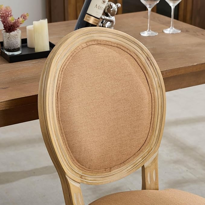 SoarFlash French Dining Chairs Set of 4, Vantage Linen Dining Chair with Round Back, Wood Leg Farmhouse Country Dining Chair for Kitchen,Bedroom,Brown