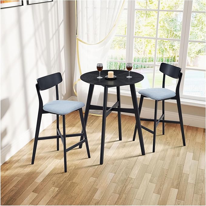 Bar Chairs Set of 2, Counter Height Stools - Modern Upholstered Kitchen Island Chairs with Backrest & Footrest - Black Wood Frame