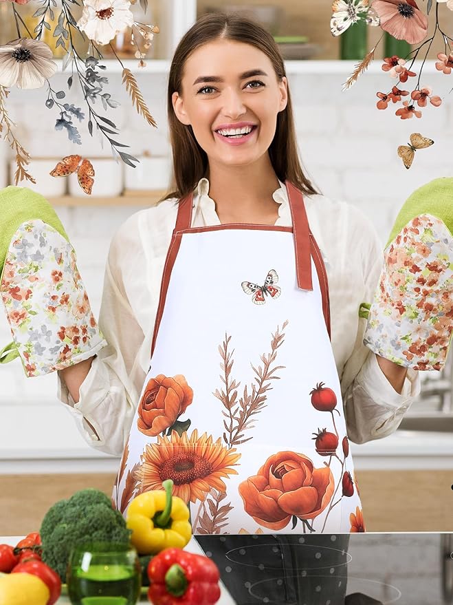 Bencailor 6 Pcs Spring Kitchen Aprons with Pockets Flower Rooster Bee Butterfly Sunflower Summer Aprons Bulk for Women(Brown,Fall)