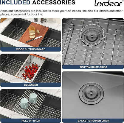 Lordear 36 Inch Kitchen Sink Black Undermount Kitchen Sink Workstation 16 Gauge Stainless Steel Single Bowl with Built-in Accessories, 36x19x9 Inch Gunmetal Black Nano-pvd